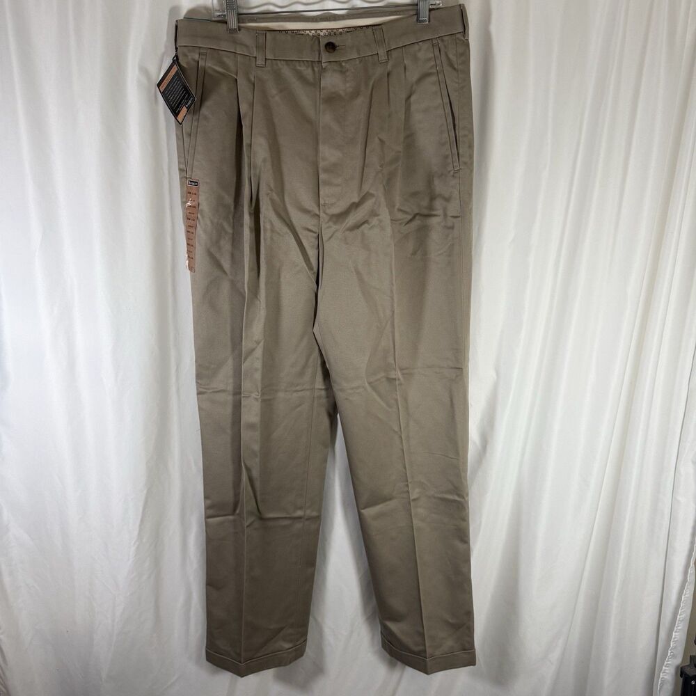 New Haggar Pleated Cuff Men's 36x34 Khaki Long Stable Combed Cotton No Iron